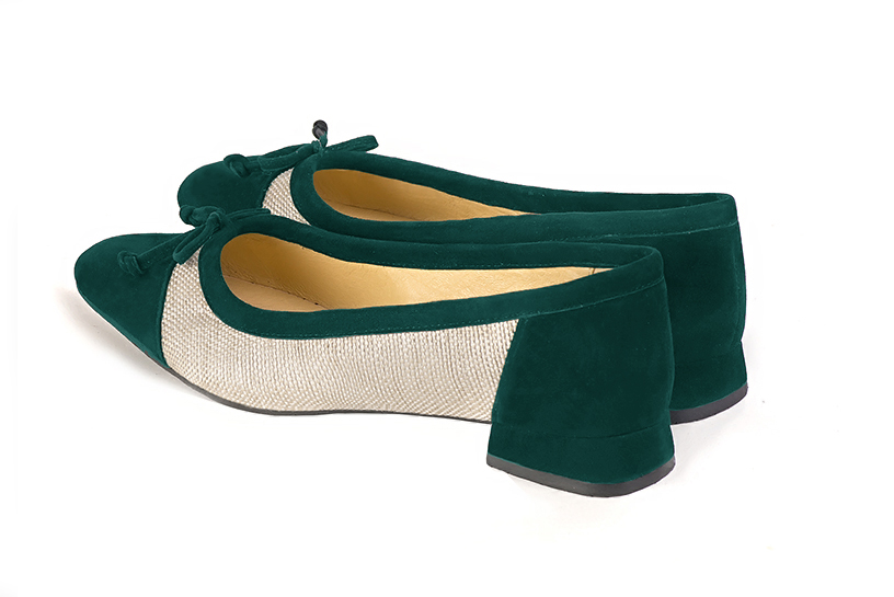 Emerald green and natural beige women's ballet pumps, with low heels. Square toe. Flat flare heels. Rear view - Florence KOOIJMAN